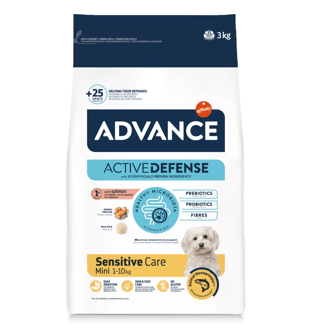 advance-mini-sensitive-sausas-maistas-sunims-su-lasisa „Advance” Mini Sensitive šunų maistas mažų veislių šunims turintiems jautrų skrandį.