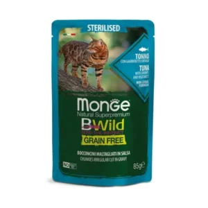 Monge Bwild konservuotas  pašaras suaugusioms katėms su tunu,krevetėmis ir daržovėmis.