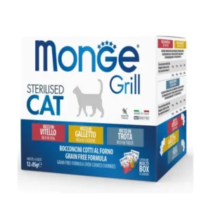 Monge Grill Mix Cat Sterilised  konservuotas pašaras katėms su vištiena,upėtakiu ir veršiena.