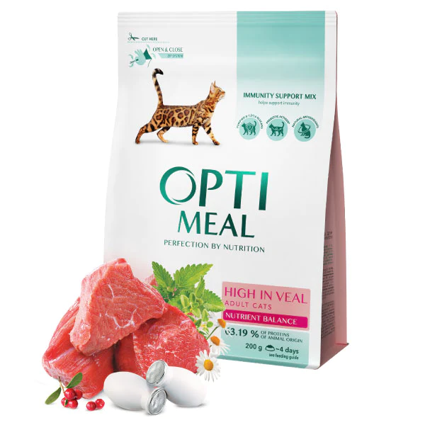 Optimeal-veal-adult-cats Optimeal visavertis sausas maistas suaugusioms katėms su veršiena.