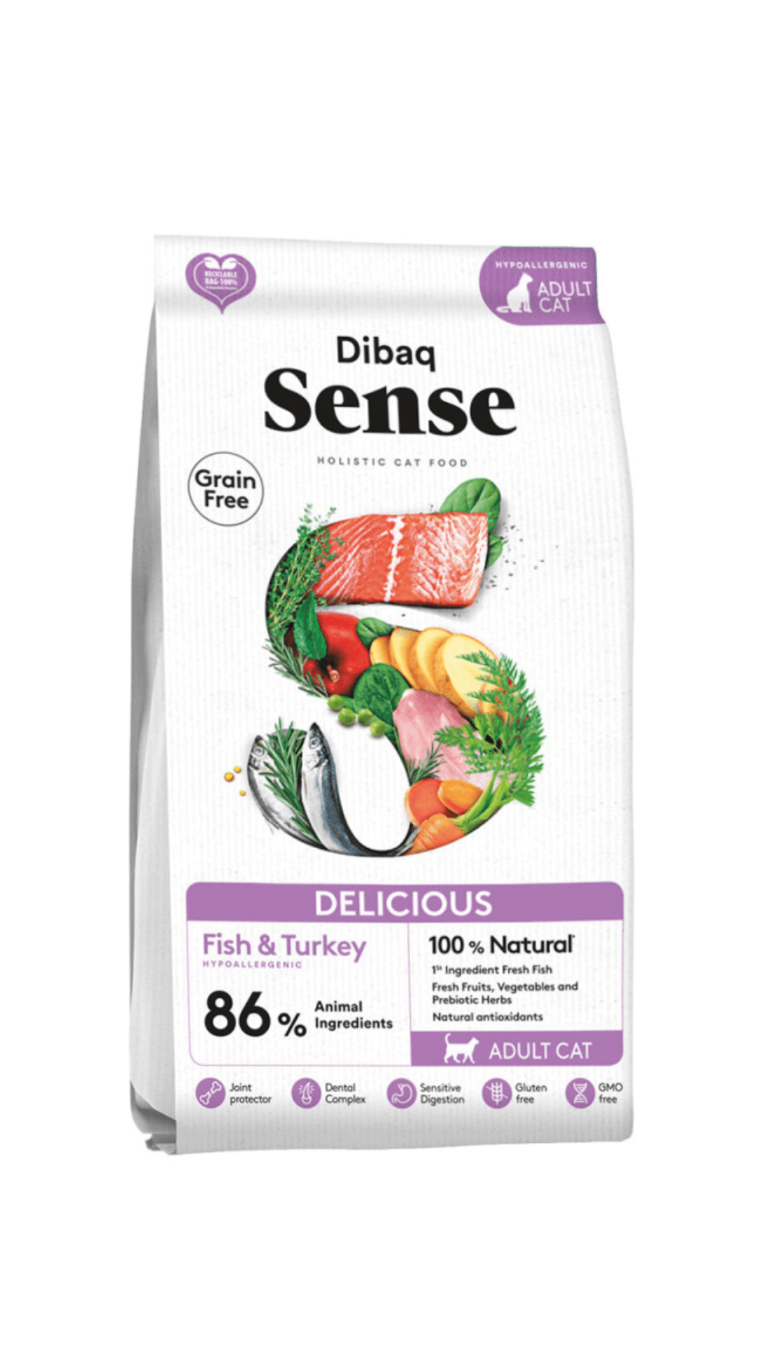 Dibaq-deliciouse-adult-cat-turkey-fish Dibaq Sense Grain Free sausas maistas suaugusioms katėms su kalakutiena ir žuvimi.