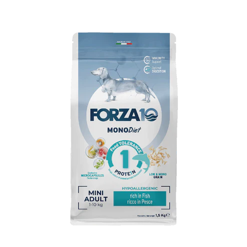 Forza10-monodiet-mini-adult-fish Forza 10 Monodiet Mini Adult mažų veislių šunims su žuvimi.