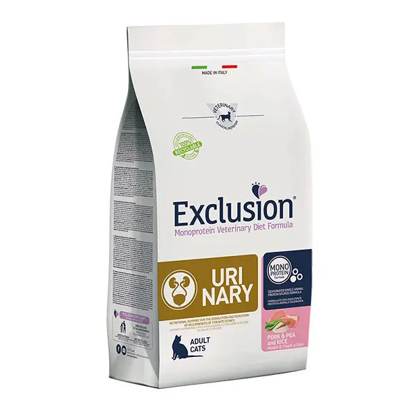 exclusion-monoprotein-veterinary-diet-urinary-sausas-edalas-katems. Exclusion Urinary dietinis sausas pašaras katėms su kiauliena, žirniais, ryžiais.